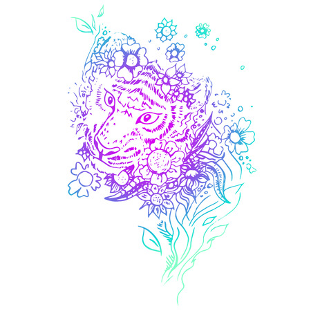 Abstract graphic colored tiger. Engraving sketch. Abstract vector tiger in the flowers. Print for t-shirt. Wild things.のイラスト素材