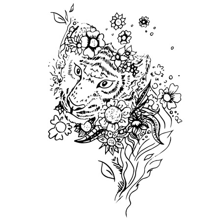 Black and white tiger isolated. Engraving sketch. Abstract vector tiger in the flowers. Print for t-shirt. Wild things.のイラスト素材