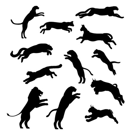 Jumping cats and pathers, set of black silhouettes. Icons and illustrations of animals. Wild animals pattern.のイラスト素材