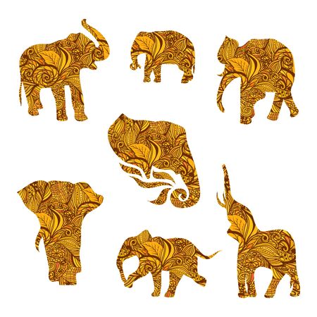 Set of hand drawn isolated ethnic elephants. Collection of vector patterns floral animals.のイラスト素材