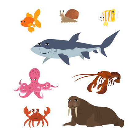 Vector cartoon animals: goldfish snail shark fish butterfly octopus crab walrus lobster. The drawn set of wild sea animals. Collection of stylized fish in a flat style.のイラスト素材