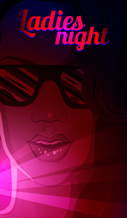 Vector poster with a girl face. Purple flyer with woman. Party music background ladies night.のイラスト素材
