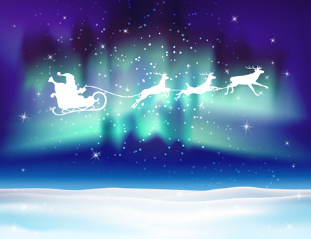 Reindeer and Santa Claus on northern lights background. Christmas background with snow. Vector silhouettes for cards, advertising banners, illustrations. The image of the new year holiday.のイラスト素材