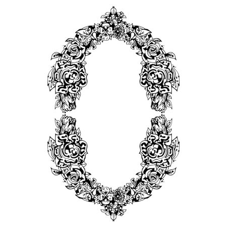 Black and white floral frame oval shape, abstract art, doodle sketch. Design for card, photo frame. Vintage border elements. Vector illustration.のイラスト素材