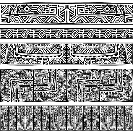 Abstract pattern, boho design ornament, ancient hand drawn ethnic seamless pattern. Doodle aztec tribal pattern.Set of strips and ribbons.のイラスト素材