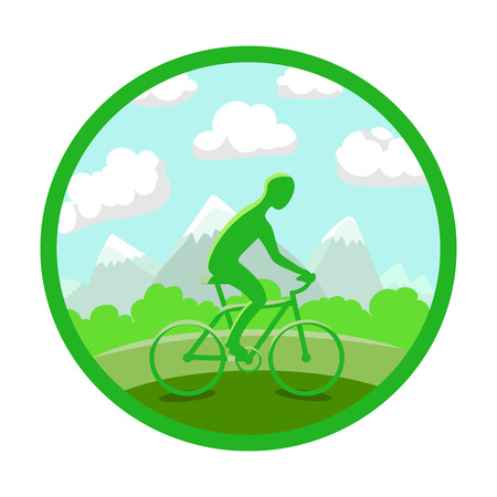 Man on bike silhouette. Green landscape background. Colored sign, circle icon.のイラスト素材