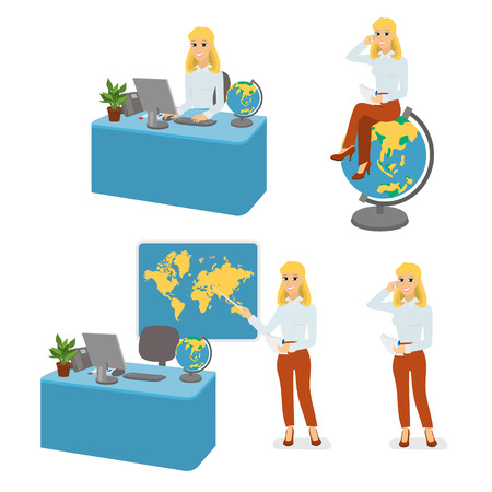Cartoon character travel agent set, manager. Tour agency. Comic blonde woman sitting at computer table, shows pointer on world map, sitting on globe, stands and talking on phone.のイラスト素材