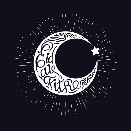 Eid al-fitr vector illustration for the holiday. Silhouettes crescent and star. Calligraphic letters inscribed in the Crescent. Black and white design for the festival.のイラスト素材