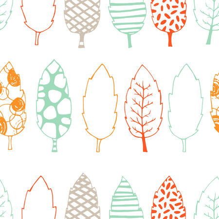 Leaves hand drawn vector seamless pattern. Black white orange blue graphic design. Abstract foliage for textile, background, clothe and so on. Doodle sketch. Vector illustration.のイラスト素材