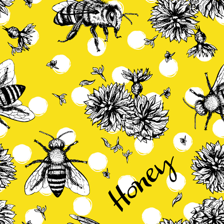 Seamless vector pattern with bees and flowers. Hand drawn vintage graphic doodle design. Sketch with animal. Pattern for print on fabric. Vector illustration. Endless background.のイラスト素材