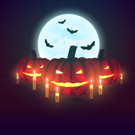 Vector pumpkins with candles on moon background. Hand drawn halloween sketch. Pumpkins on dark sky with bats. Doodle line graphic design. Halloween illustration.のイラスト素材