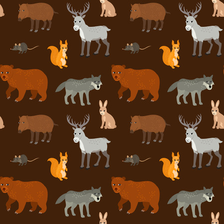 Seamless pattern with cartoon animals. Forest endless background with bear squirrel wolf deer wild boar and mouse. Vector illustration.のイラスト素材