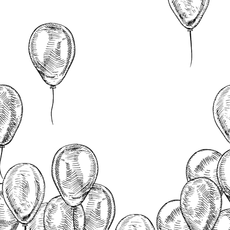 Frame with balloons on white background. Vector sketch for holidays. Design for cards isolated. Black white balloons. Doodle design. Retro vintage style. Vector illustration.のイラスト素材