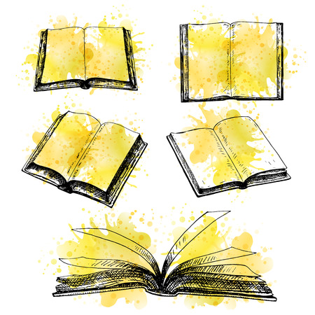Hand drawn set of books with watercolor splash. Retro sketches isolated. Vintage hypster watercolor spots. Line graphic design. Drawing books with traces of tea and coffee. Vector illustration.のイラスト素材