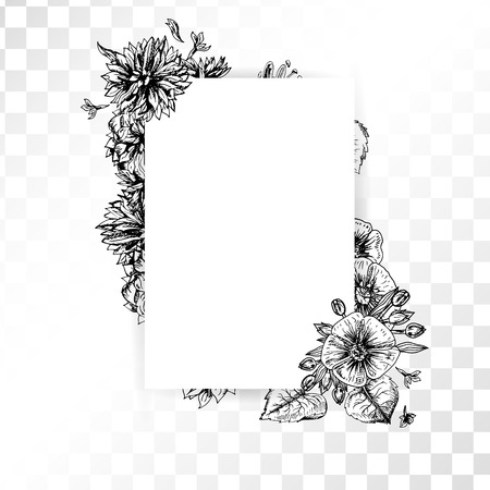 Hand drawn flower frame on transparent background. Retro sketches isolated. Wedding design. Doodle line graphic design. Vector vintage black and white images. Vector illustration.のイラスト素材
