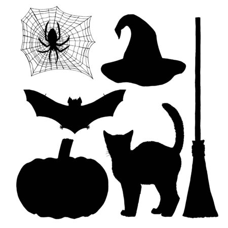 Set for witch. Silhouettes for halloween. Black white icon. Vector illustration.のイラスト素材