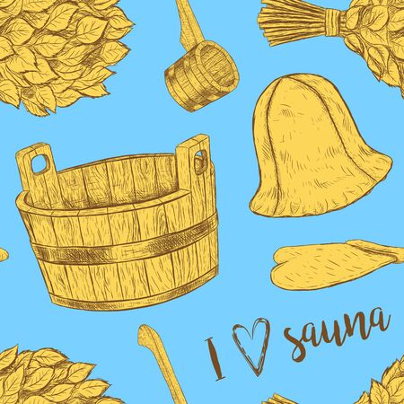 Seamless pattern items for sauna. Hand drawn vector set for bath. Retro set of sketches isolated. Basin ladle cap mitten broom in vintage style. Vector illustration.のイラスト素材