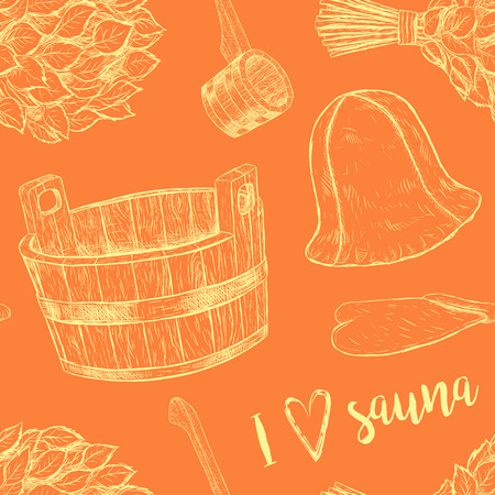 Seamless pattern items for sauna. Hand drawn vector set for bath. Retro set of sketches isolated. Basin ladle cap mitten broom in vintage style. Vector illustration.のイラスト素材