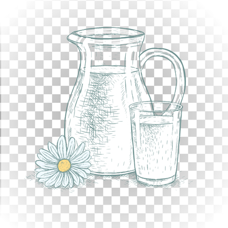 Hand drawn milk jug and glass of milk with daisy. Sketches isolated. Colored graphic design. Vector illustration.のイラスト素材