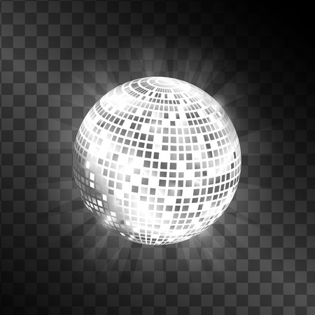 Disco ball isolated on transparent background. Shiny circle sphere for disco illustrations. Black and white color. Vector image.のイラスト素材