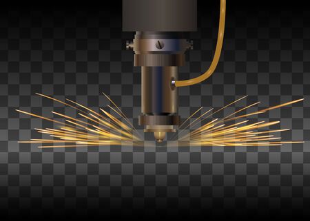 Laser machine for metal on transparent background. Laser cutting with sparkles. Vector illustration.のイラスト素材