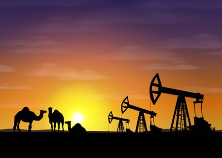 Petroleum rigs and camels at sunset. Vector oil drill. United arab emirates illustration. Background for bannerのイラスト素材