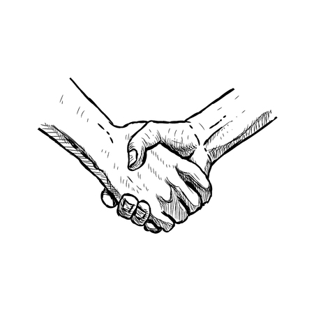 Hand drawn handshake. Retro isolated sketch. Vintage style. Doodle line graphic design. Black and white drawing male hands. Vector illustration.のイラスト素材