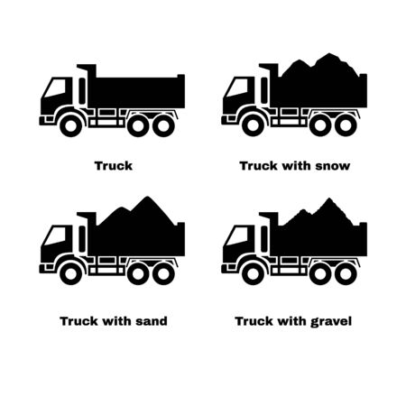 Truck silhouette. Black icons set. Lorry with sand, snow and gravel. Vector illustration.のイラスト素材
