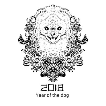 2018 Zodiac Dog. New year design. Christmas background. Dog s face with flowers. Pomeranian breed. Vector illustration. 2018 Zodiac Dog. New year design. Christmas background. Dog s face with flowers. Pomeranian breed. Vector illustration.