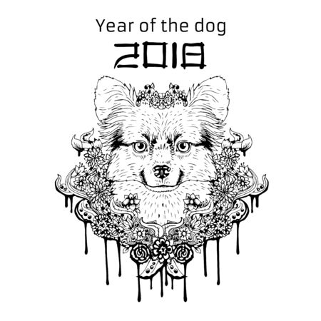 2018 Zodiac Dog. New year design. Christmas background. Dog s face with flowers. Papillon breed. Vector illustrationのイラスト素材