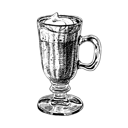 Hand drawn glass cup with latte or cappuccino. Retro isolated sketch. Vintage figure. Linear graphic design. Black and white image. Vector illustration.のイラスト素材