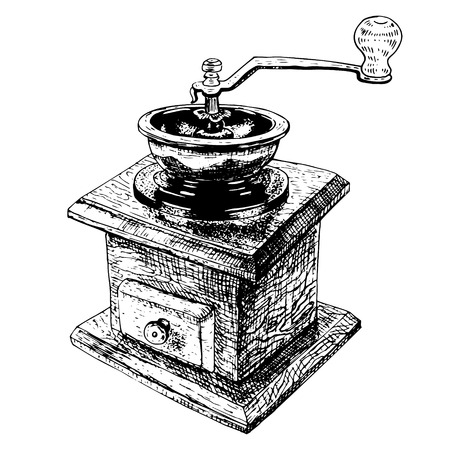 Hand drawn manual coffee grinder. Retro isolated sketch. Vintage figure. Linear graphic design. Black and white image. Vector illustration.のイラスト素材