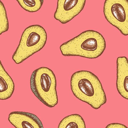 Pink seamless pattern with avocado. Hand drawn graphic design with fruit. Colored background. Vintage vector illustration.のイラスト素材