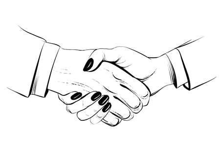 Hand drawn sketch illustration of a handshake. Businessman and businesswoman. Business handshake of man and woman. Partnership. Decorative line. Vector hands.のイラスト素材