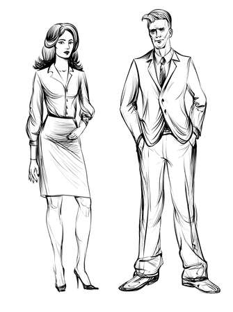 Man and Woman, sketch. Hand drawn illustration. Business people. Business man and business woman. Stylized line.のイラスト素材