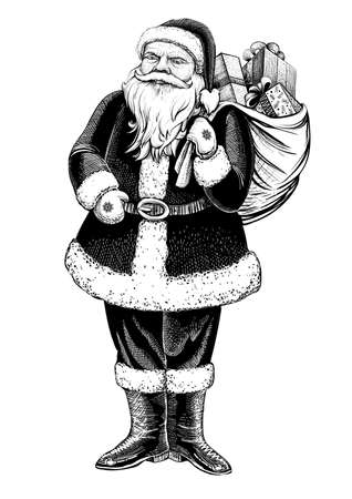 Santa Claus standing figure with sack full of presents. Vector hand drawn illustration.のイラスト素材