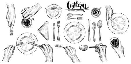 Hands with cutlery, vector line illustrations. Dining people, top view on table setting with human wrists, spoon, fork, knife, napkin, wine glass and cup. Engraved monochrome style.のイラスト素材