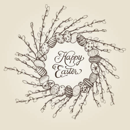 Easter wreath with eggs and willow branches vector illustration.のイラスト素材
