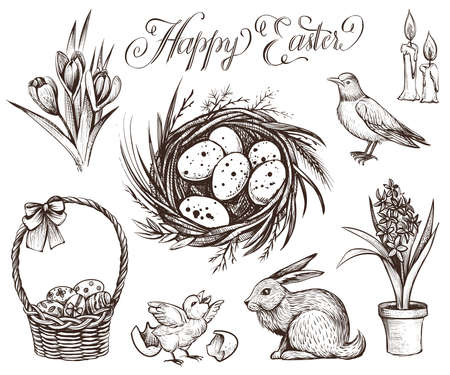 Easter vintage hand drawn vector illustrations set.のイラスト素材