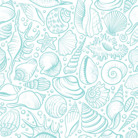 Seashells vector seamless pattern. Blue line background.のイラスト素材