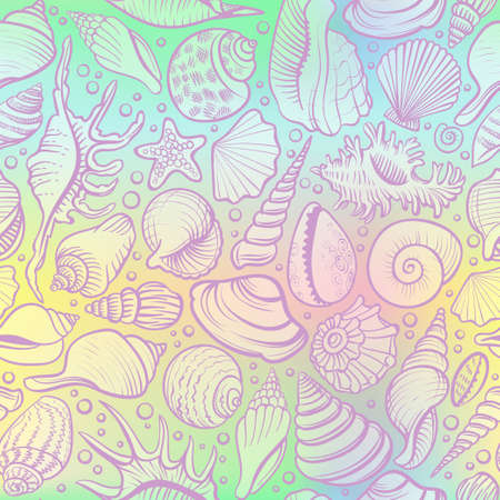 Seashells vector seamless pattern on the holograram background.のイラスト素材