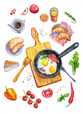 Breakfast food watercolor top view illustration.の写真素材