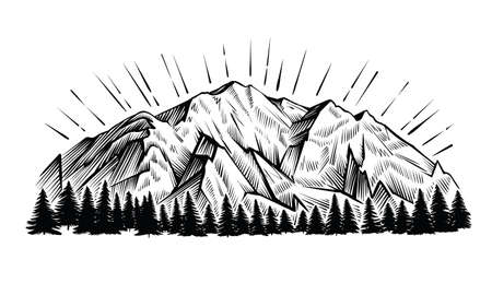 Mountains vector vintage illustration. Black and white engraving landscape with peak and forest.のイラスト素材