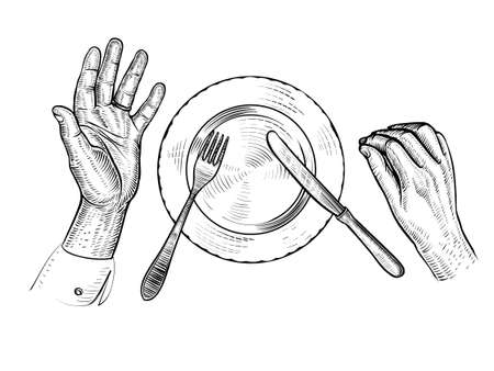 Man with empty plate. Hands, plate, fork, knife, top view. Vector line illustration.のイラスト素材