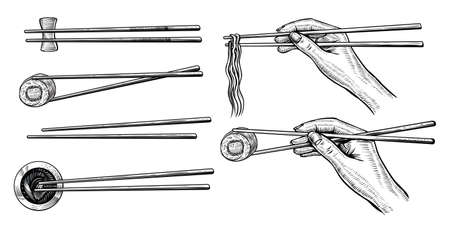 Hand holding chopsticks with sushi roll and ramen, black line drawing. Asian kitchen.のイラスト素材