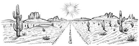 Desert road panorama landscape, vector illustration. American desert with cactuses and sand rocks. USA journey.のイラスト素材
