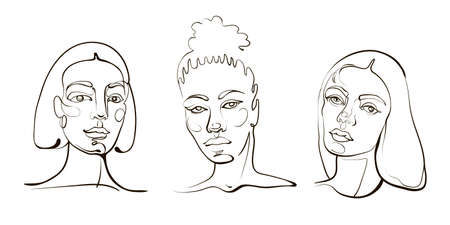 Vector woman line art portraits. Modern drawing of girl face.
