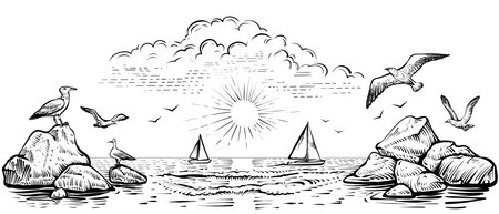 Panoramic beach view with seagulls and boats. Vector sea sketch.のイラスト素材