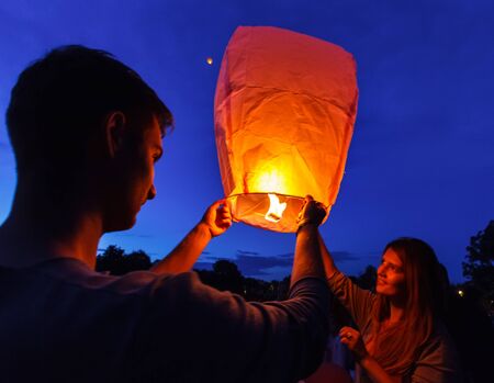 Children are seen launching a paper lantern during the manifestations on the International Children's Day, in Galati, Romania, June 1, 2013.のeditorial素材