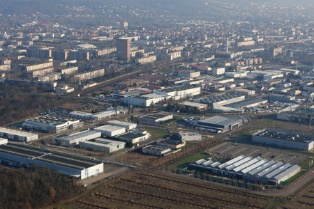 Aerial view of Mantes-la-Jolie, a big town in the Yvelines department (78200), Ile-de-France region, France - January 03, 2010の写真素材
